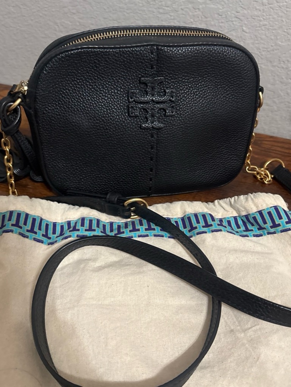 Tory Burch Black Pebbled Leather Logo Crossbody with Gold Chain